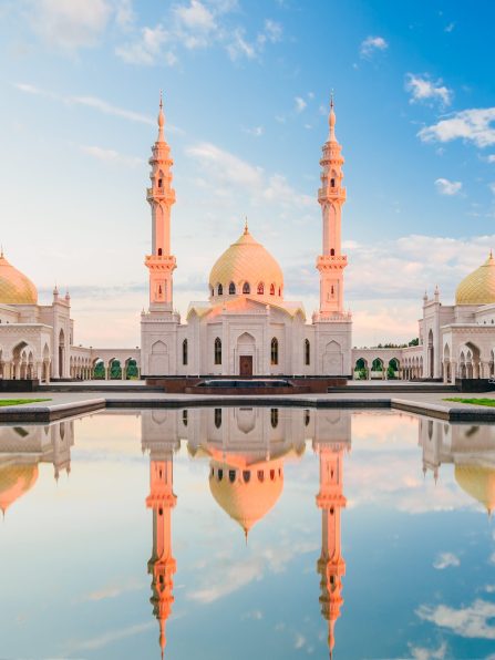 Public White Mosque with Domes and Minarets in the historic hill-fort Bulgar, Russia. Operates exclusively as places of worship.